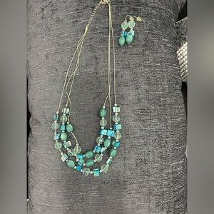 DRESSBARN 2 pc jewelry set. Silver necklace and earrings with blue/green stones.